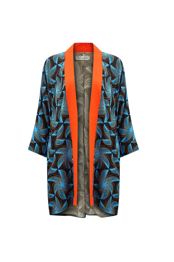 Tongo Afromono Kimono - Orange Black and Blue Stellar Whirls Print | ILC OA OG