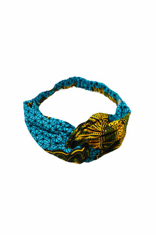 Peace Turban Headband Blue and Yellow African Ankara Wax Cotton Print