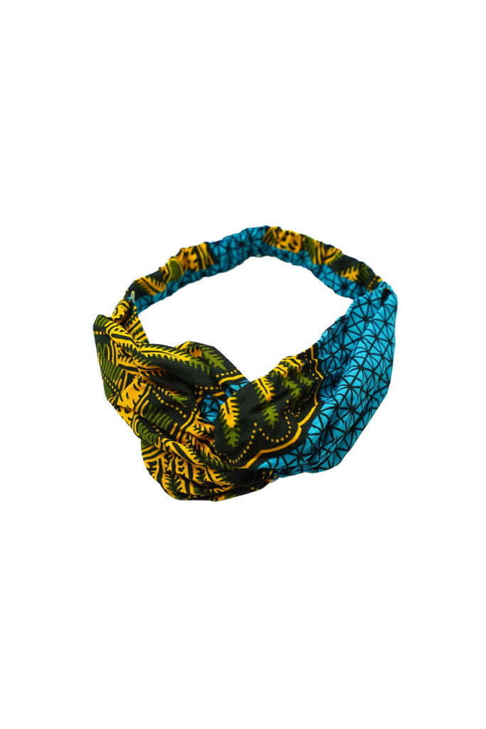 Peace Turban Headband Blue and Yellow African Ankara Wax Cotton Print