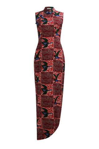 Vega Cheongsam Dress - Red White & Green Onyame Sɛn Print