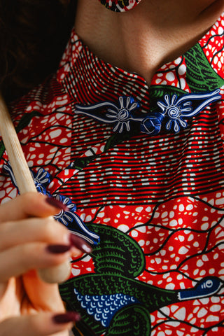 Vega Cheongsam Dress - Red White & Green Onyame Sɛn Print