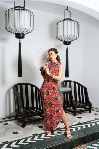 Vega Cheongsam Dress - Red White & Green Onyame Sɛn Print