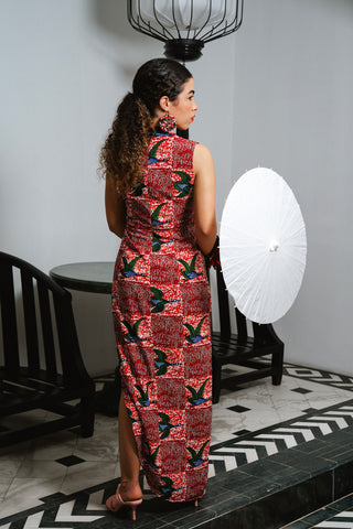 Vega Cheongsam Dress - Red White & Green Onyame Sɛn Print