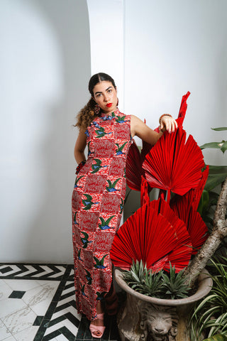 Vega Cheongsam Dress - Red White & Green Onyame Sɛn Print