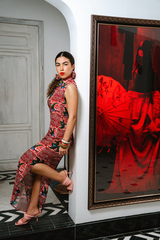 Vega Cheongsam Dress - Red White & Green Onyame Sɛn Print