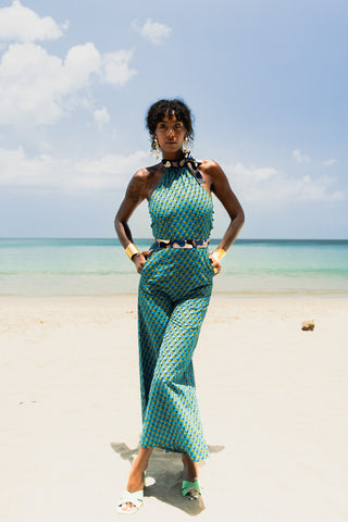 Amaka Halter Neck Jumpsuit - Azure Guineafowl African Ankara Wax Cotton Print