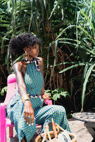 Amaka Halter Neck Jumpsuit - Azure Guineafowl African Ankara Wax Cotton Print