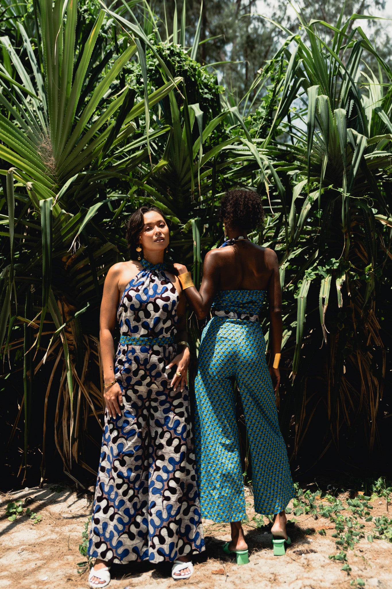 Amaka Halter Neck Jumpsuit - Azure Guineafowl African Ankara Wax Cotton Print