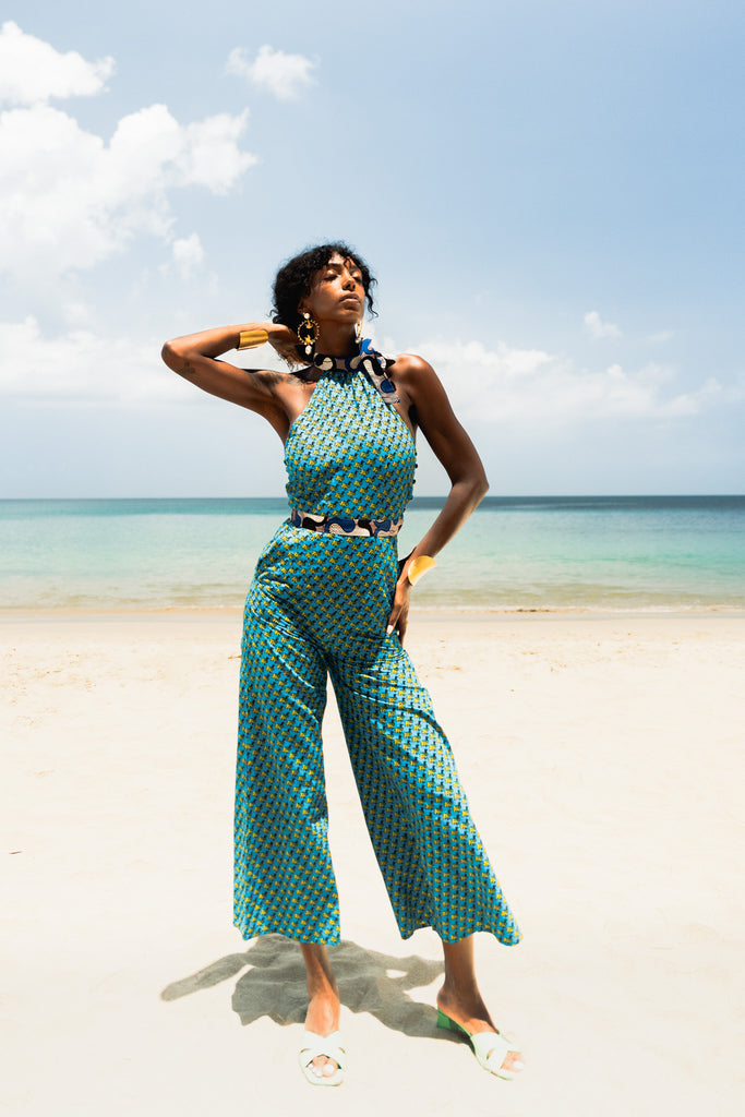 Amaka Halter Neck Jumpsuit - Azure Guineafowl African Ankara Wax Cotton Print