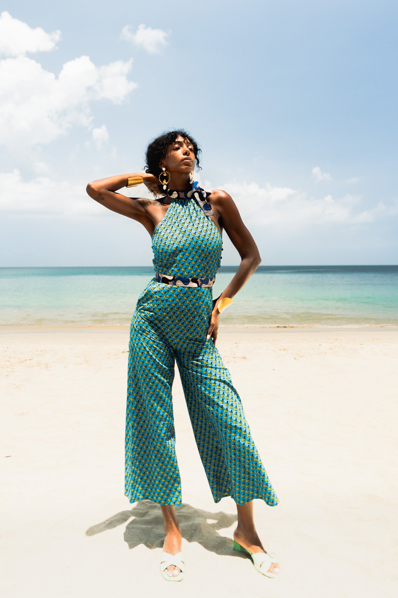 Amaka Halter Neck Jumpsuit - Azure Guineafowl African Ankara Wax Cotton Print