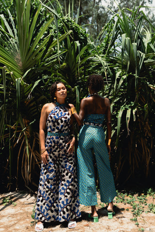 Amaka Halter Neck Jumpsuit - White, Black & Blue Awoluba African Ankara Wax Cotton Print