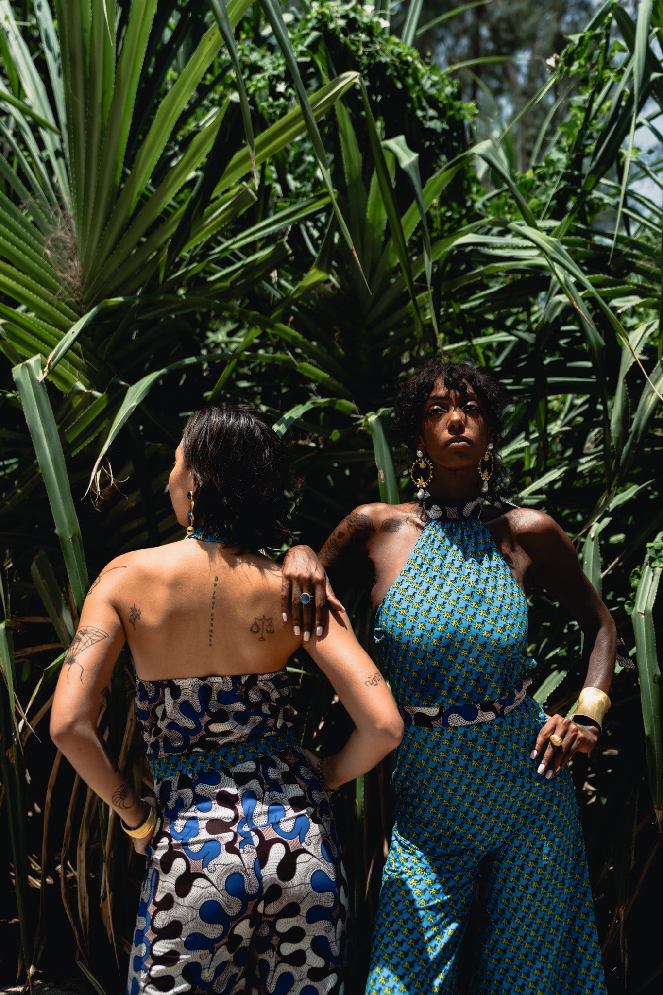 Amaka Halter Neck Jumpsuit - White, Black & Blue Awoluba African Ankara Wax Cotton Print