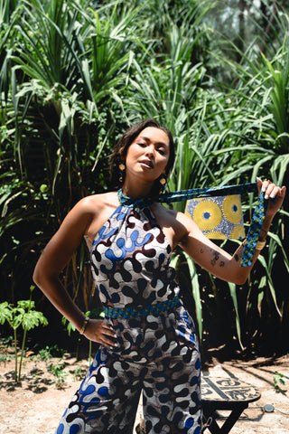 Amaka Halter Neck Jumpsuit - White, Black & Blue Awoluba African Ankara Wax Cotton Print
