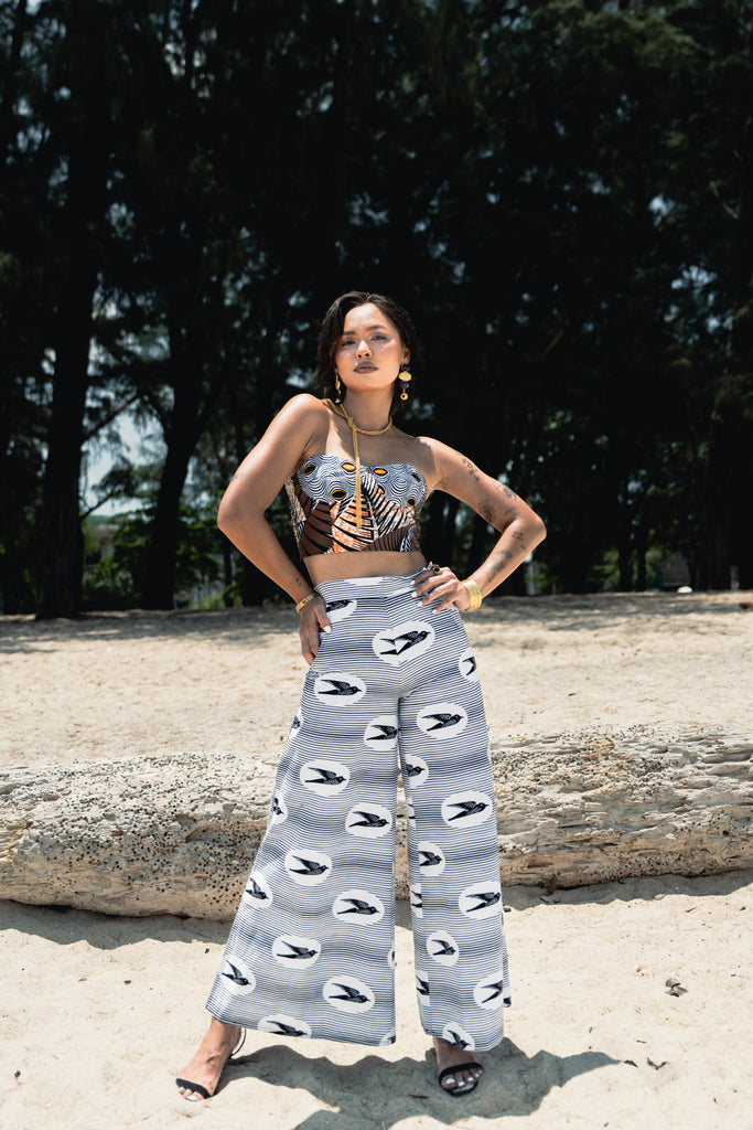 Chidera Wide-leg Pants - White & Black Stripes Speedbird Ankara Print