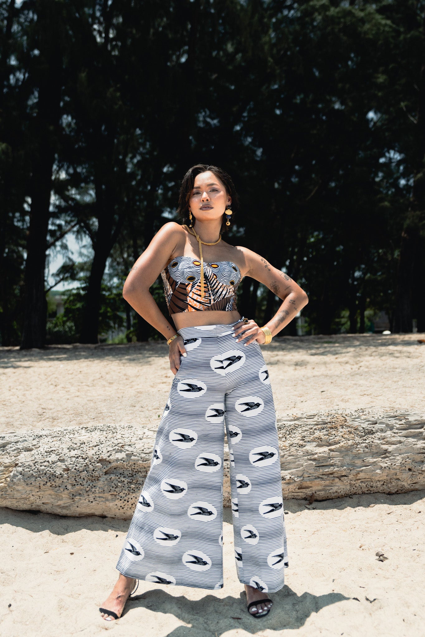 Chidera Wide-leg Pants - White & Black Stripes Speedbird Ankara Print