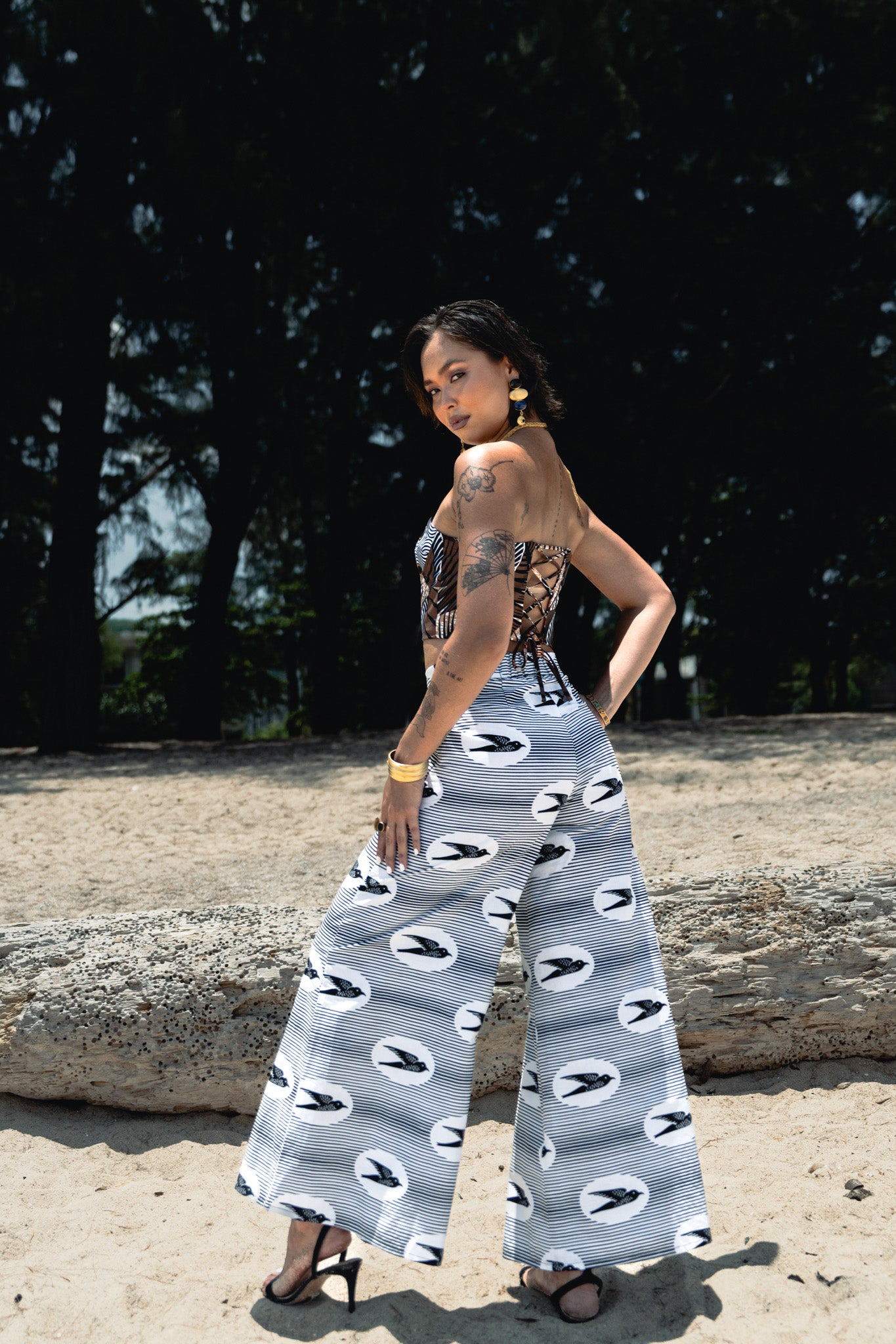 Chidera Wide-leg Pants - White & Black Stripes Speedbird Ankara Print