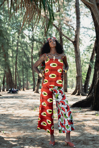 Chidera Wide-leg Pants - Red & Green Speed Bird & Rolls Royce Ankara Print