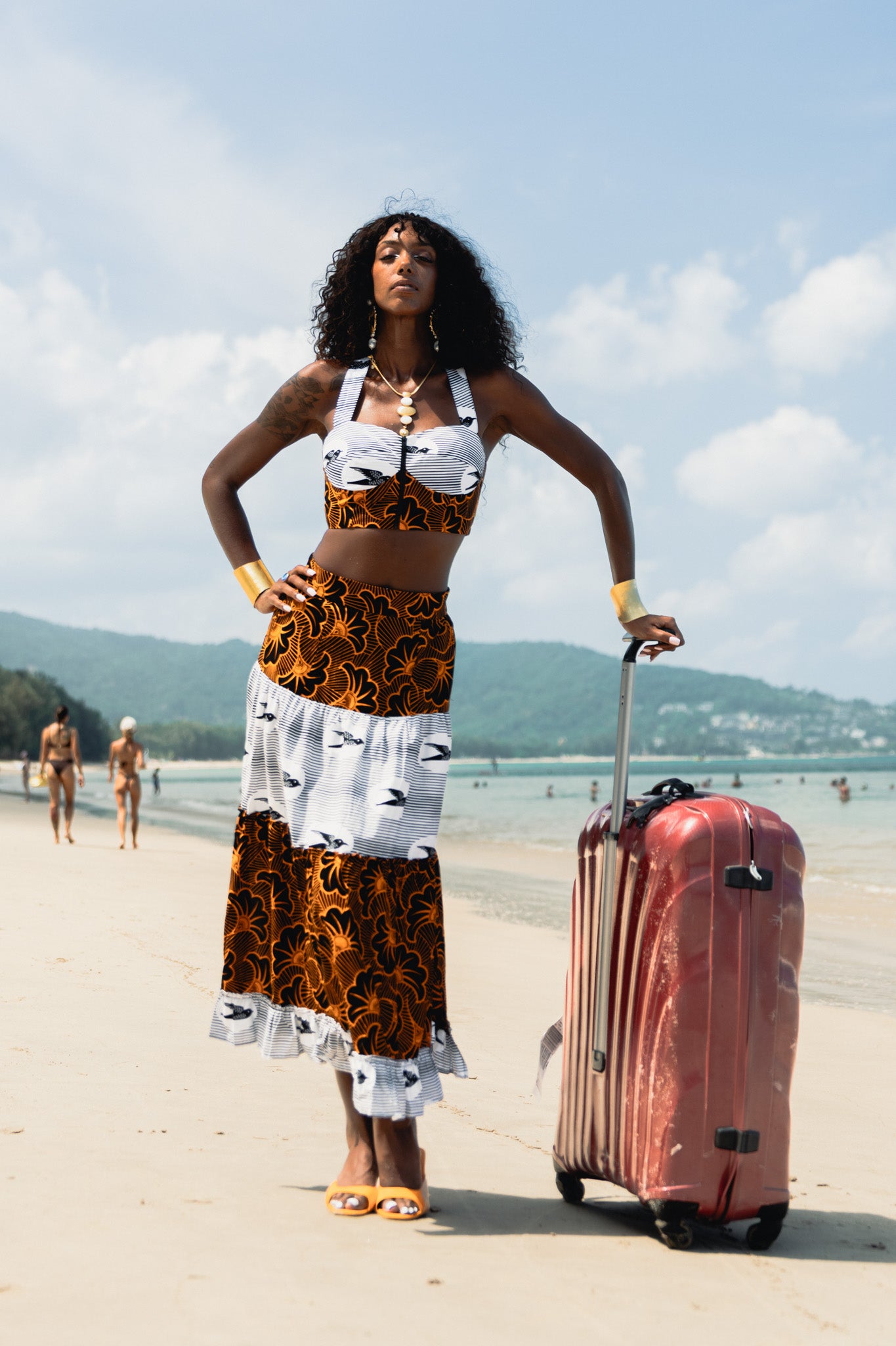 Chinedu Twin Set - White & Black, Orange Speed Bird & Rolls Royce Ankara Print