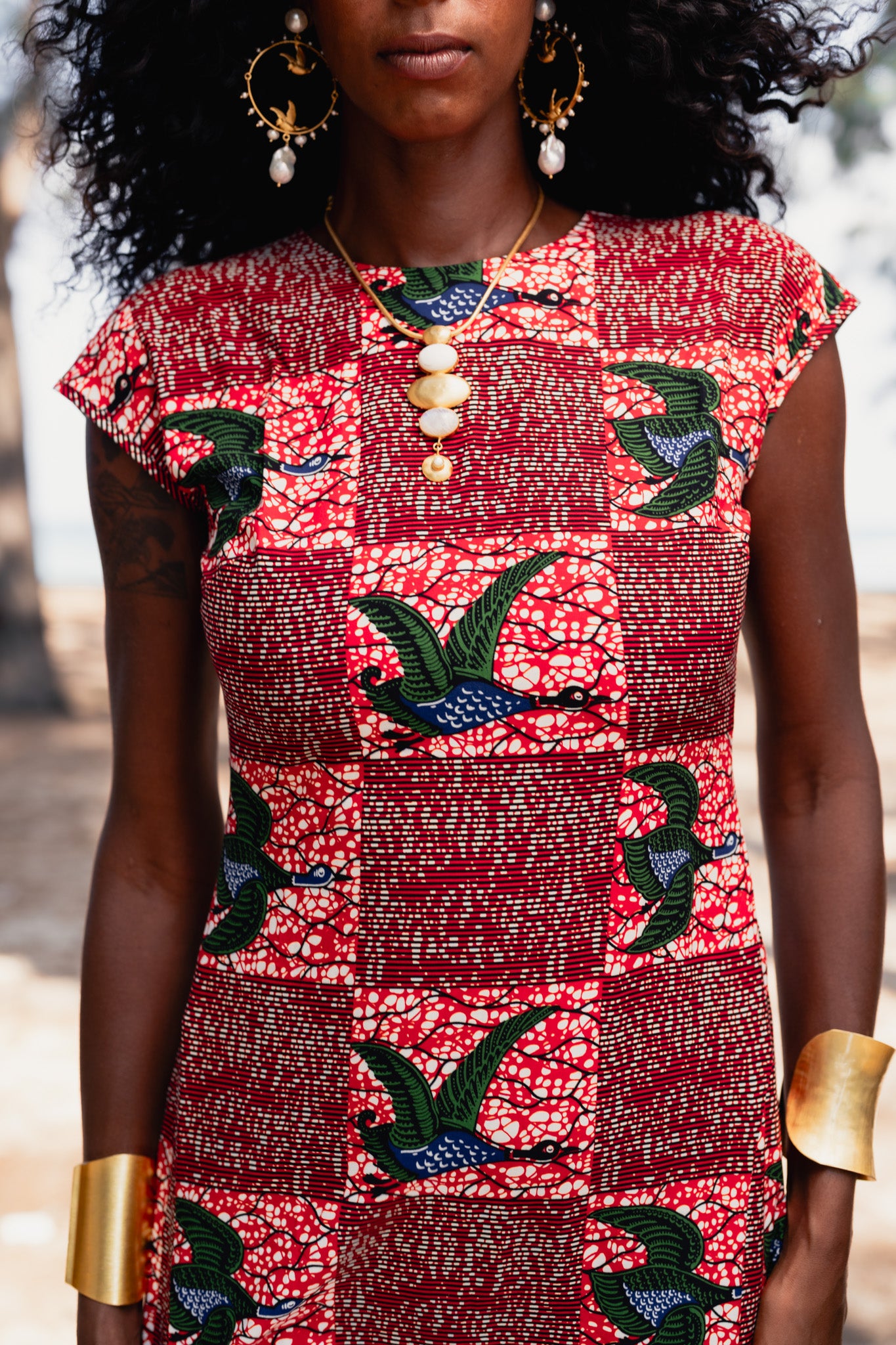 Dela Open back Mini Dress - Red White & Green Onyame Sɛn Print