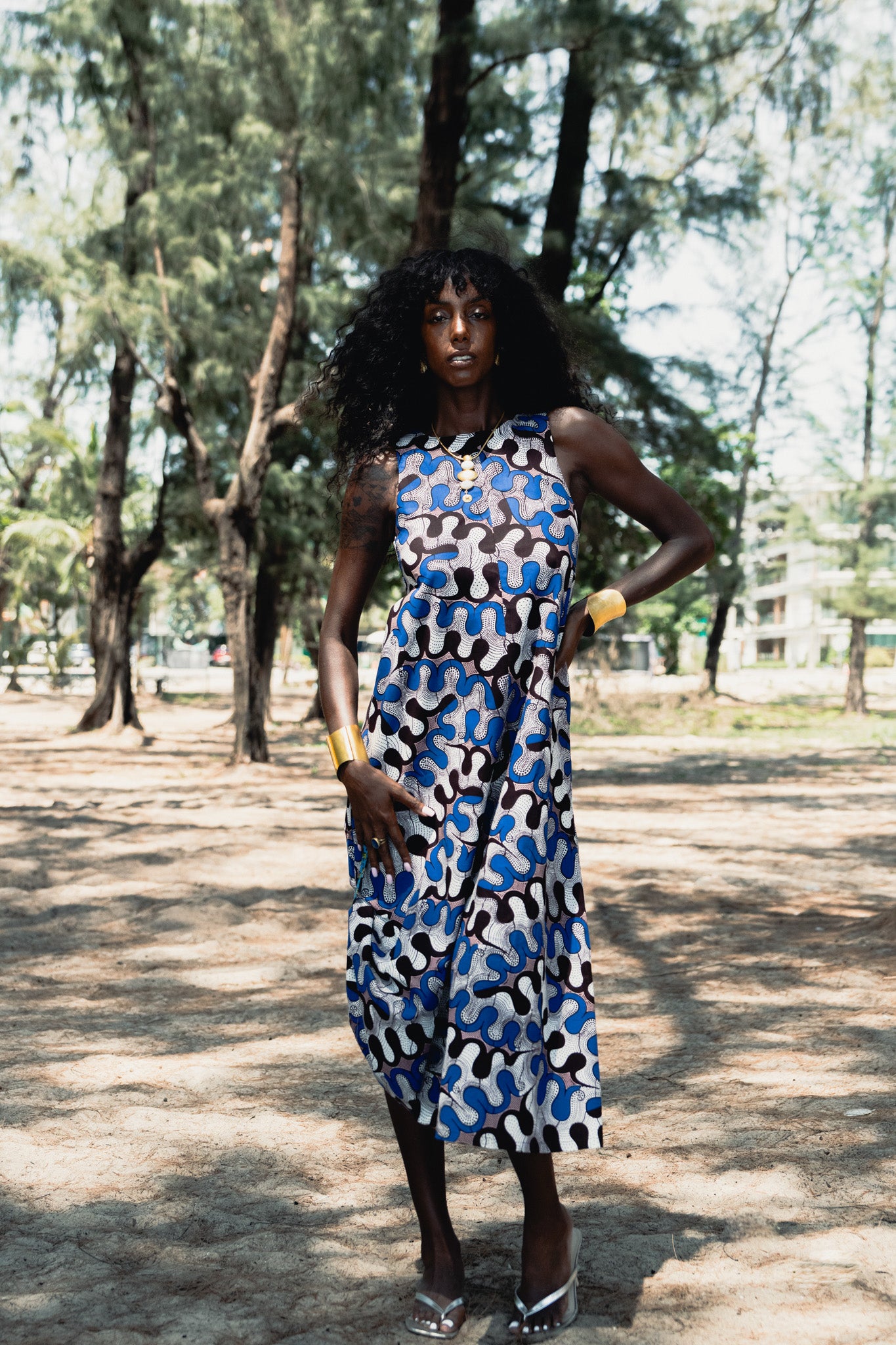 Esosa Maxi Dress - White Blue and Black Awoluba African Ankara Wax Cotton Print