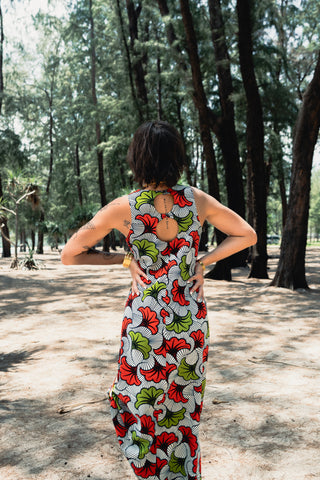 Esosa Maxi Dress - Red and Green Rolls Royce African Ankara Wax Cotton Print