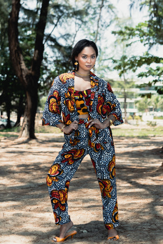 Jenni Retro Blazer Kimono - Blue Yellow &Orange Odo Ayo Print