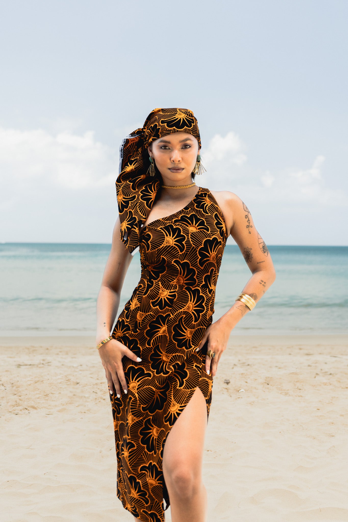 Pili One Shoulder Dress - Black and Orange Rolls Royce (Marriage Flowers) African Ankara Wax Cotton Print