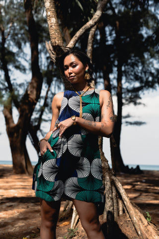 Remba A-Line Retro Dress – Blue, White & Green Ewa Naibu Print