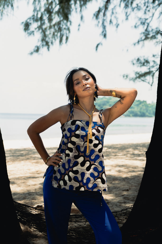 Tyra Tie-Side Top – Blue, White & Black Awoluba Ankara Print