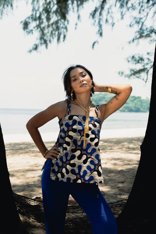 Tyra Tie-Side Top – Blue, White & Black Awoluba Ankara Print