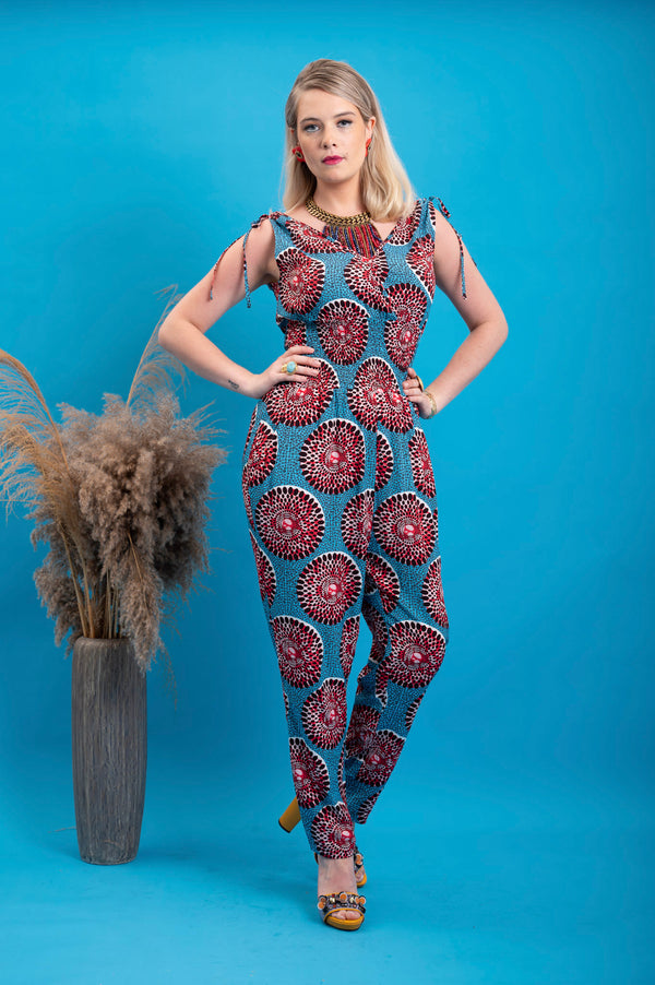 Xetsa Jumpsuit - Blue & Red Water Well Print