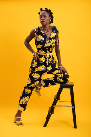 Xetsa Jumpsuit - Yellow & Black Plantain (banana) Print