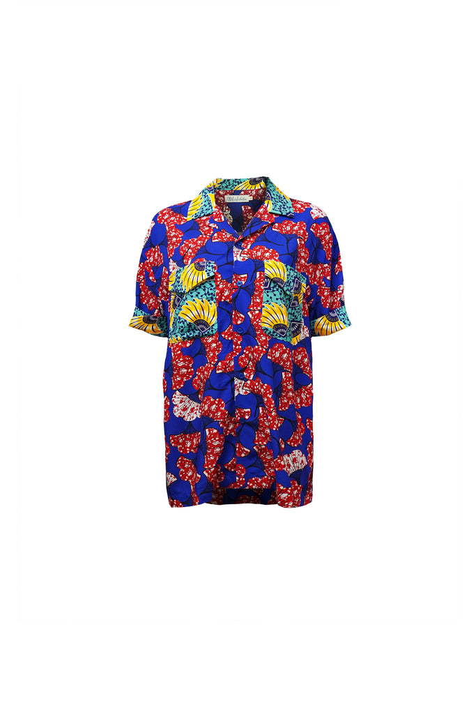 Yinka Shirt with Contrasting Collar and Pockets - Mix Match Blue Red Yellow and Cyan Print | ILC OA OG