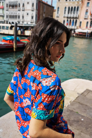 Yinka Shirt with Contrasting Collar and Pockets - Mix Match Blue Red Yellow and Cyan Print | ILC OA OG