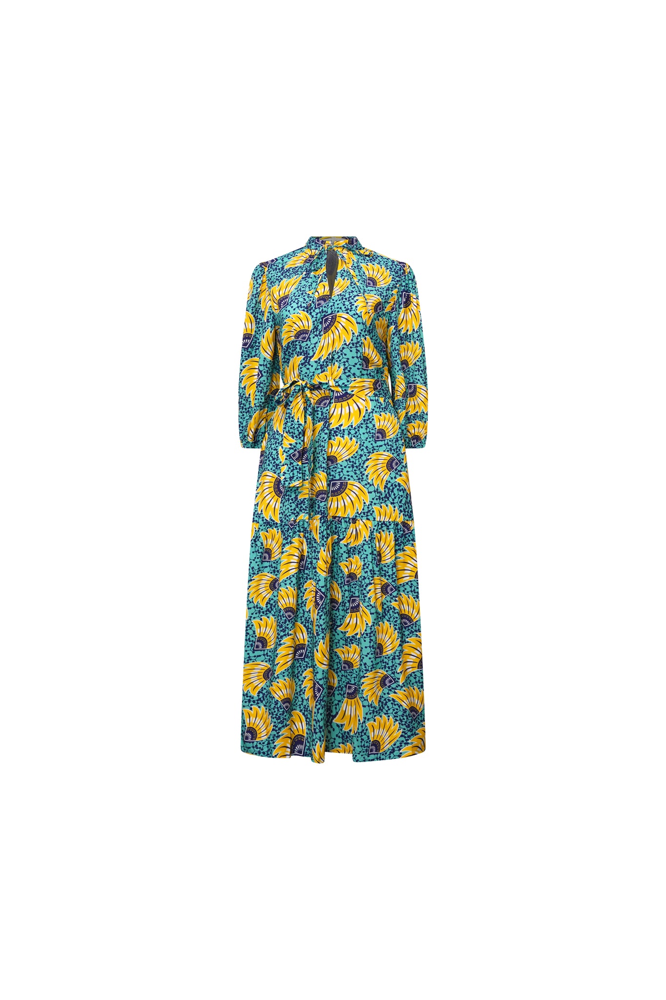 Yumna Dress with Puff Sleeves and High Neckline - Yellow Cyan Sunkissed Maized Print | ILC OA OG