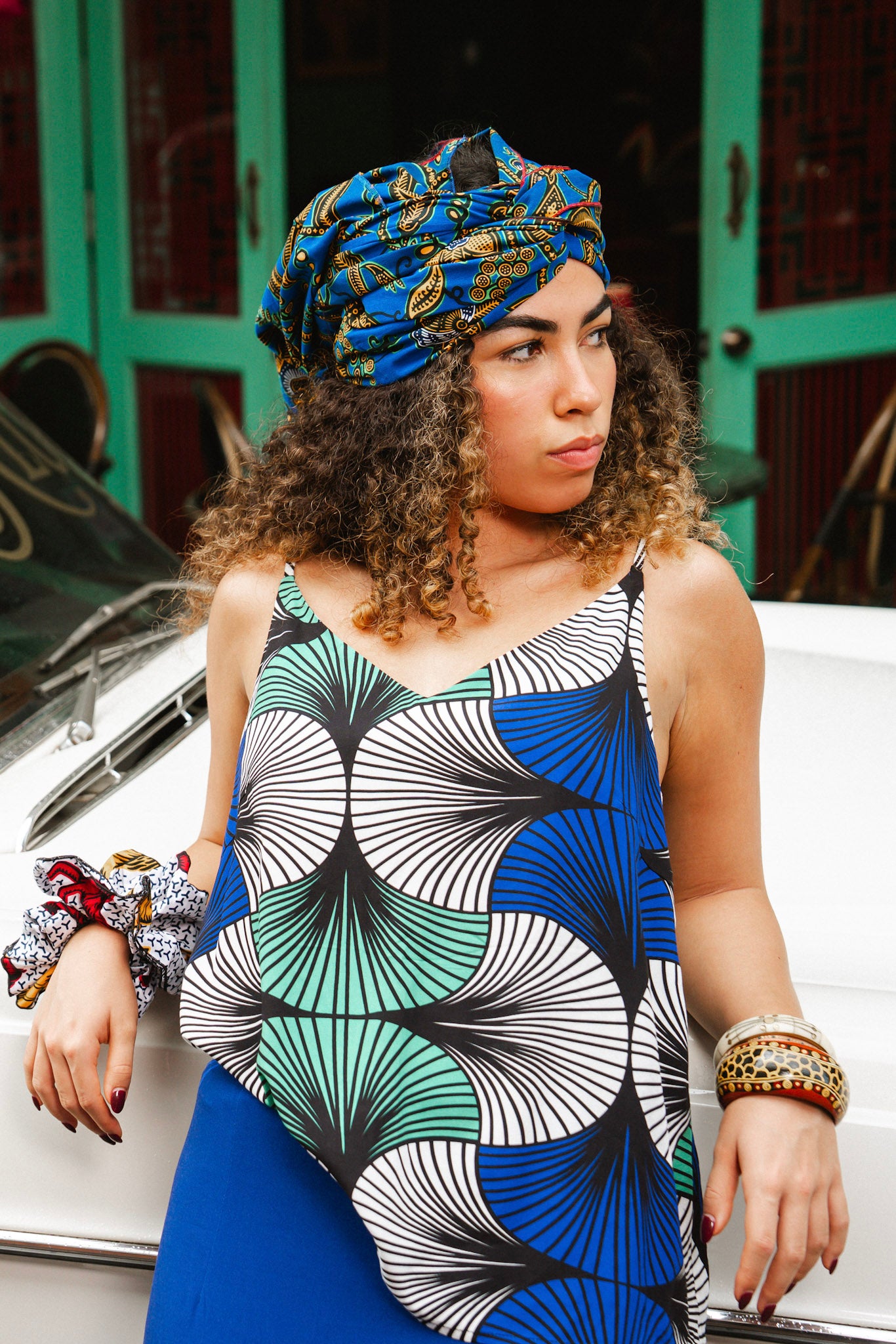 Zackia Spaghetti Top - Blue White & Green Ewa Naibu Print