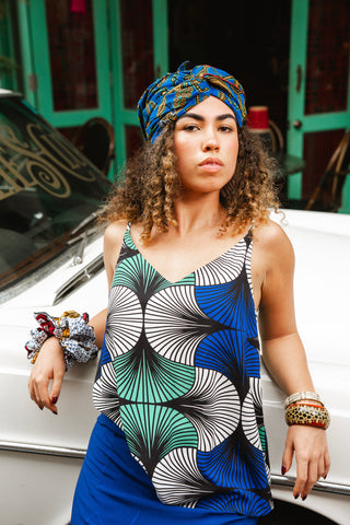 Zackia Spaghetti Top - Blue White & Green Ewa Naibu Print