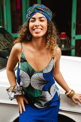 Zackia Spaghetti Top - Blue White & Green Ewa Naibu Print