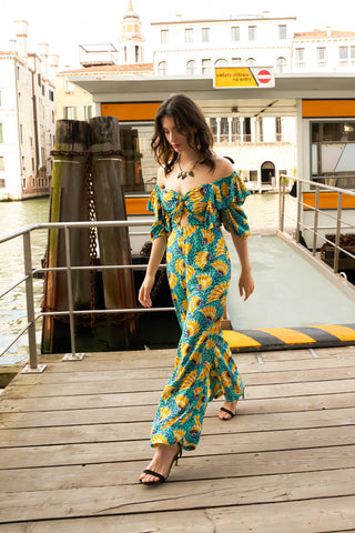 Zalika Puff Ruffle Sleeves Jumpsuit - Yellow Cyan Sunkissed Maized Print | ILC OA OG