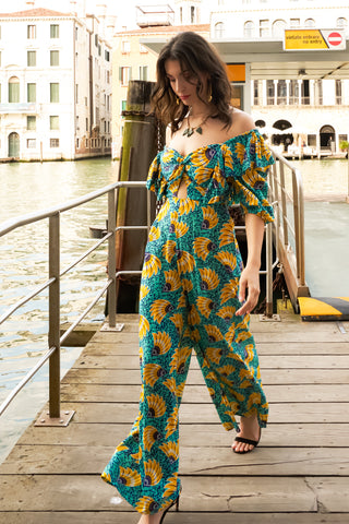 Zalika Puff Ruffle Sleeves Jumpsuit - Yellow Cyan Sunkissed Maized Print | ILC OA OG