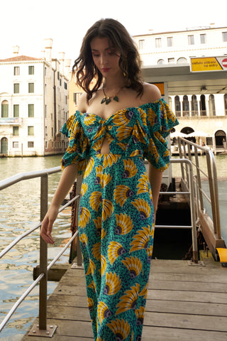 Zalika Puff Ruffle Sleeves Jumpsuit - Yellow Cyan Sunkissed Maized Print | ILC OA OG