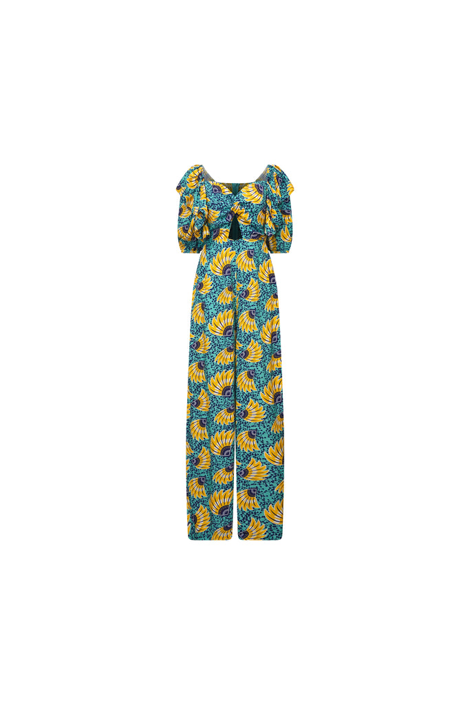 Zalika Puff Ruffle Sleeves Jumpsuit - Yellow Cyan Sunkissed Maized Print | ILC OA OG