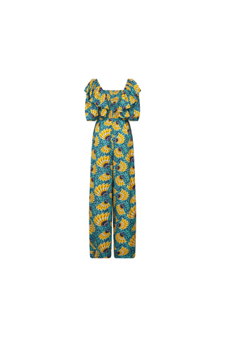 Zalika Puff Ruffle Sleeves Jumpsuit - Yellow Cyan Sunkissed Maized Print | ILC OA OG