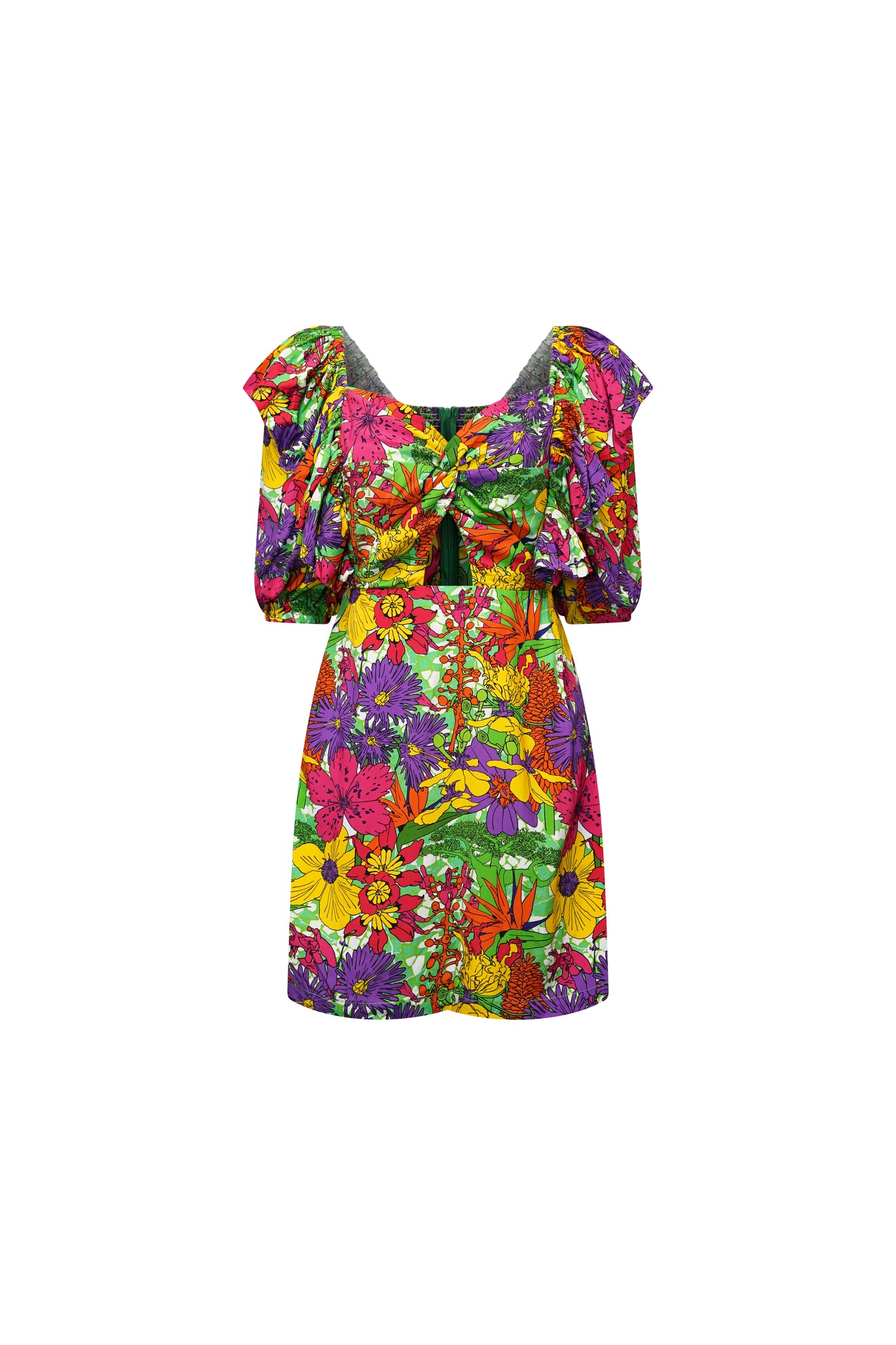 Zalika Mini Dress with Sweetheart Neckline and Twist Detail - Green Pink Yellow Garden Mosaic Print | ILC OA OG