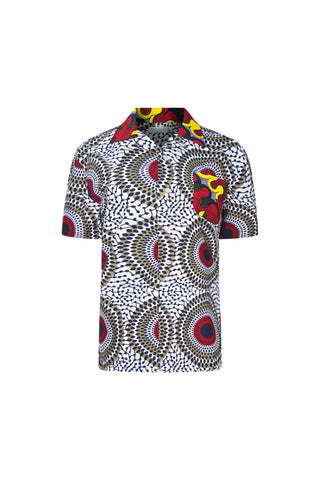 Zika Loose fit Bowling Collar Unisex Shirt - Mix Match Water Well Red and White African Ankara Wax Cotton Print