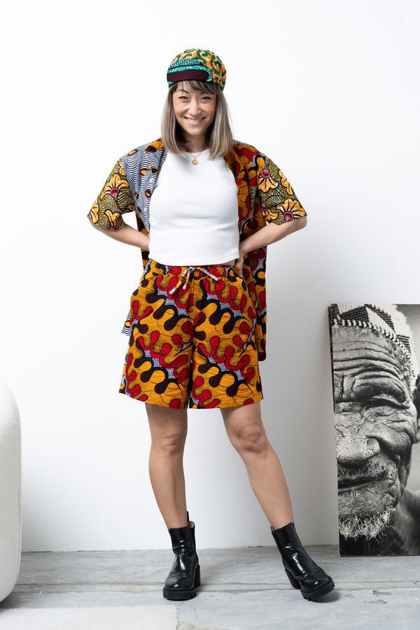 Chinny Shorts - Mix Match Awoluba Yellow White and Red African Ankara Wax Cotton Print