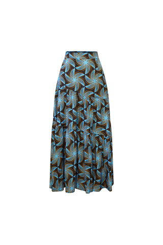 Zikora High Waist Flare Maxi Skirt - Blue and Black Stellar Whirls Print | ILC OA OG