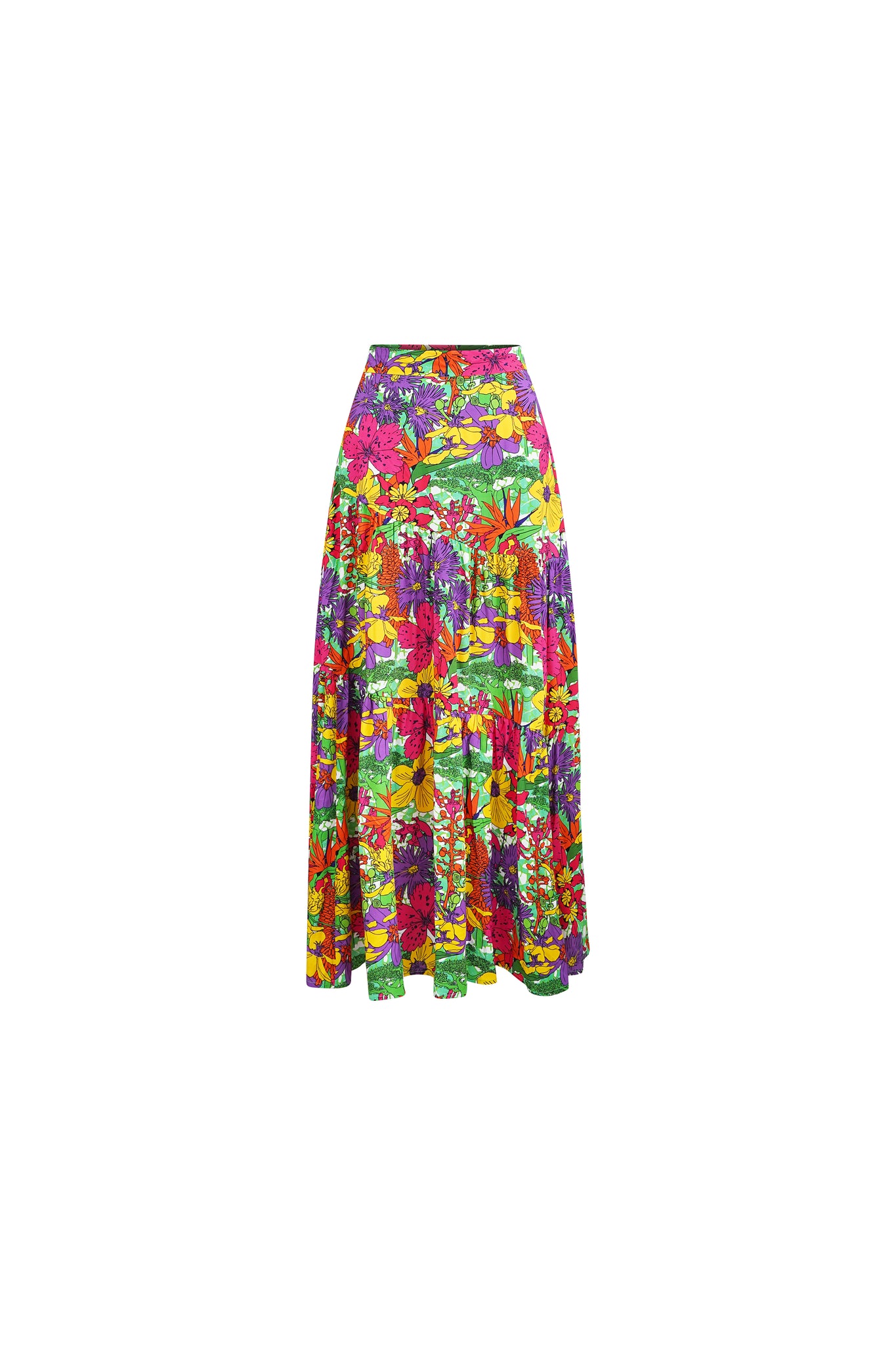 Zikora High Waist Flare Maxi Skirt - Green Pink Yellow Garden Mosaic Print | ILC OA OG