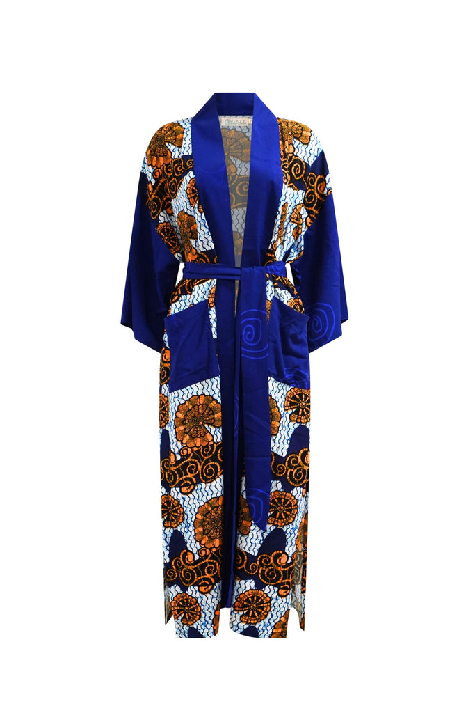 Zola Long Afromono Kimono - White and Blue House of Snails Print