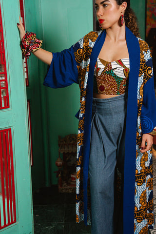 Zola Long Afromono Kimono - White and Blue House of Snails Print